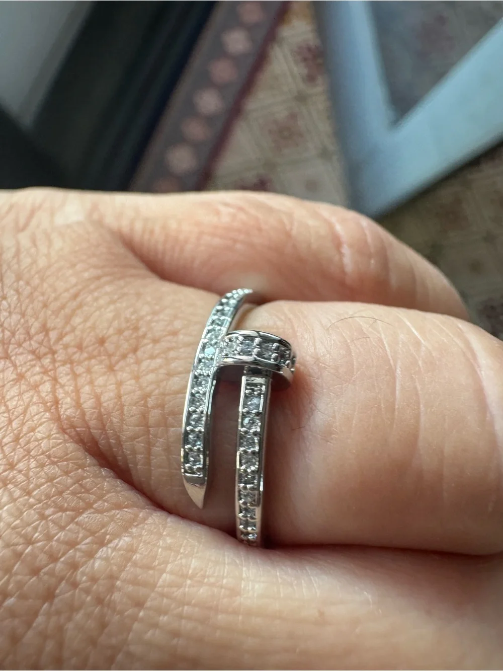 Brass Silver Tone Plate Cubic Zirconia Pave Nail Bypass Ring